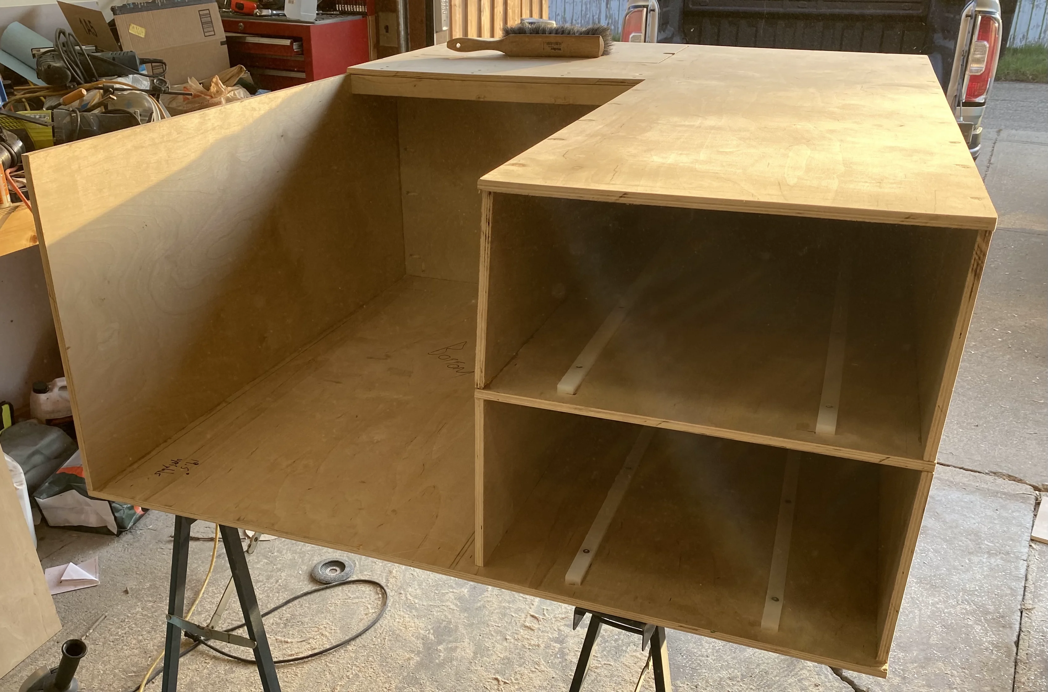 Plywood drawer unit construction in progress