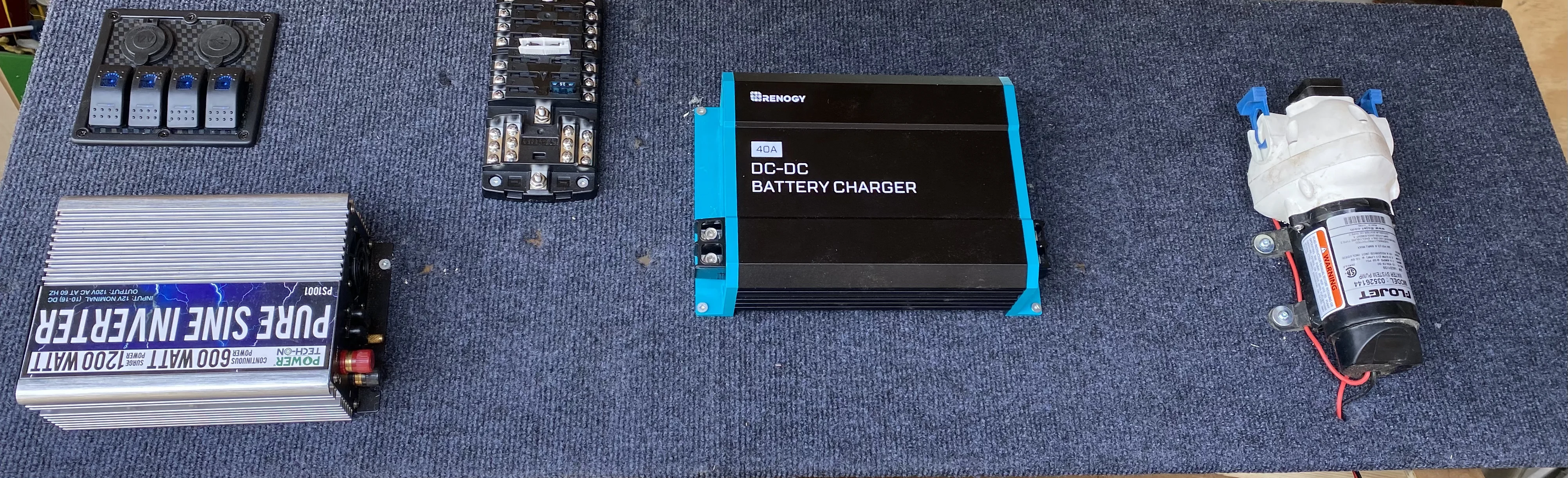 Complete electrical system layout with DC-DC charger, inverter, and fuse box